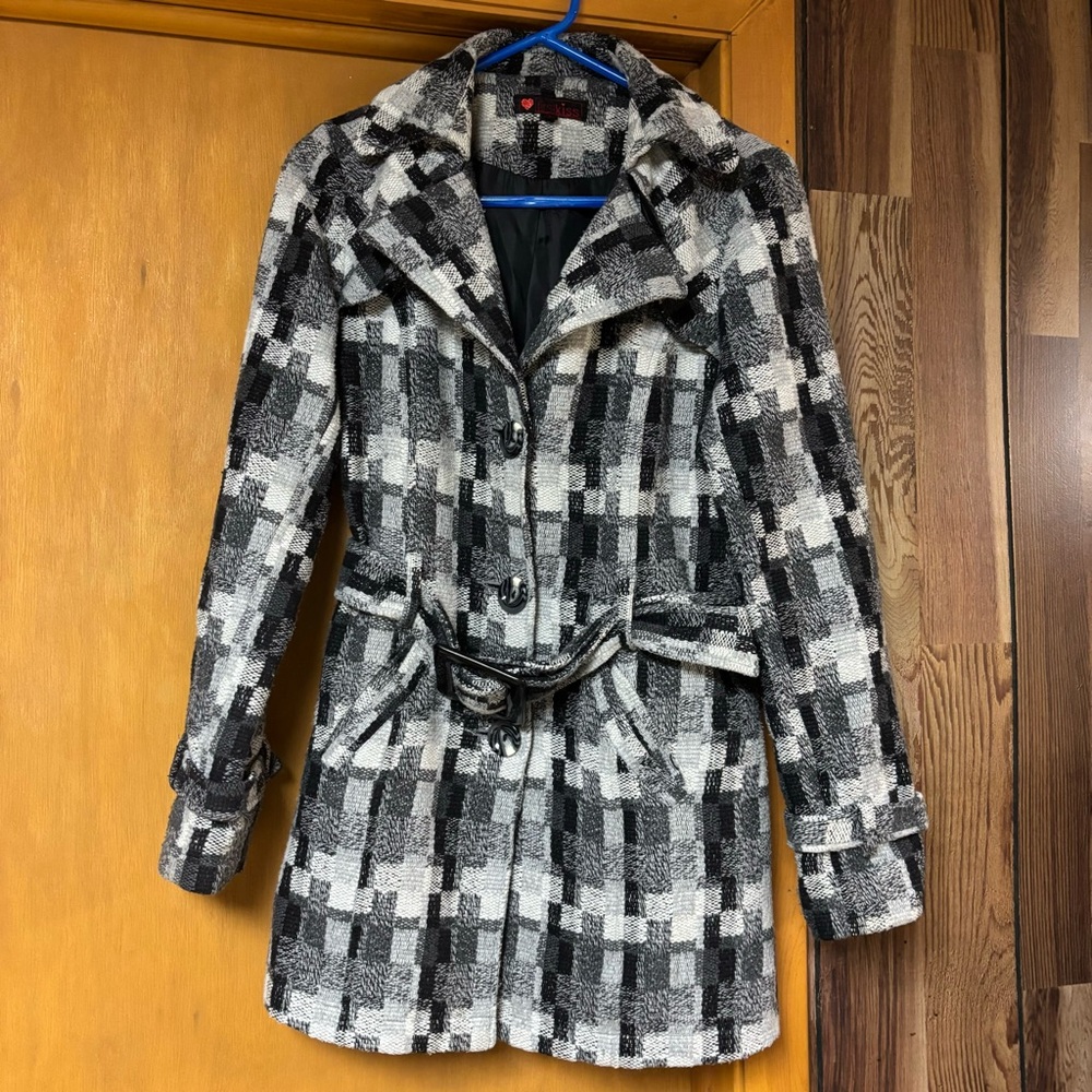 First Kiss Grey & Black Belted Pea Coat